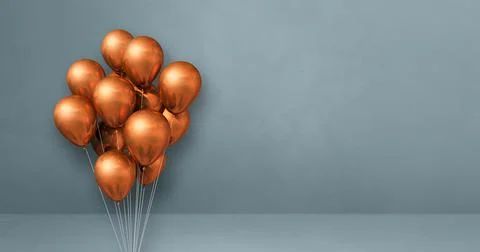 Copper balloons bunch on a grey wall background. Horizontal banner. Illustrazione stock