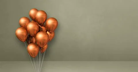 Copper balloons bunch on a grey wall background. Horizontal banner. Stock Illustration