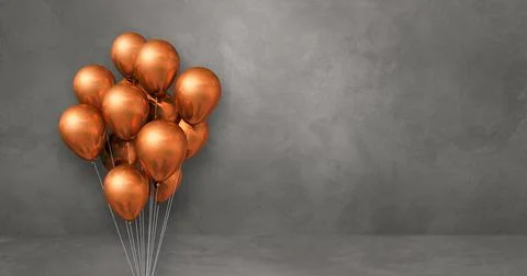Copper balloons bunch on a grey wall background. Horizontal banner. Stock Illustration