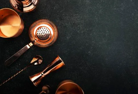Copper bar tools and bartender accessories for making cocktail. Shaker, jigge Stock Photos