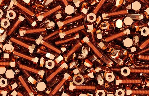 Copper bolts and nuts, washers piles background. 3D rendering Stock Illustration