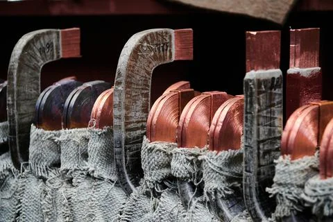 Copper bus elements of stator winding of electric motor Stock Photos