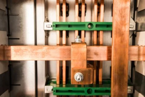Copper busbar close-up view Stock Photos
