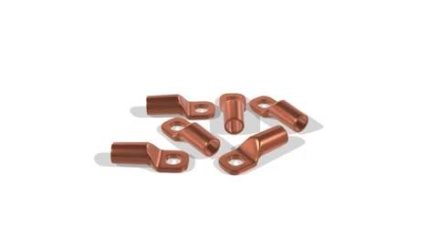 Copper Cable Lugs on a White Floor. Metal Wire Lugs 3D Animation. 4K Stock Footage 328031100