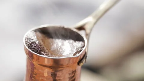 Copper Cezve for coffee in winter mountains Stock Footage 171127631