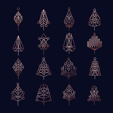 Copper christmas pine tree geometry icon set Stock Illustration