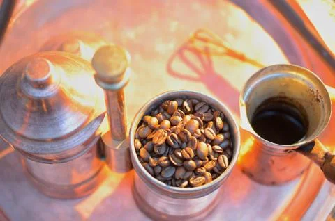 Copper coffee making facilities at sunset Stock Photos