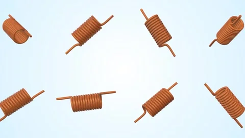 Copper Coil Inductors Falling on a Light Blue Background. Air Coil Inductors. 4K Stock Footage 304740295