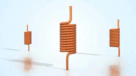 Copper Coil Inductors on a Light Reflective Floor. Air Coil Inductors 3D. 4K Stock Footage 304740305