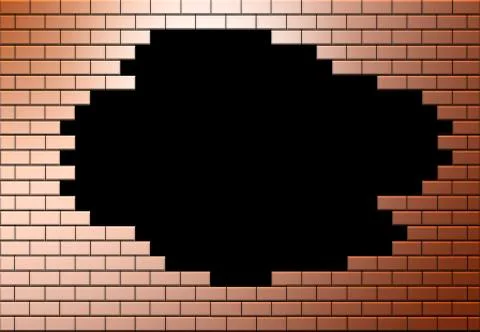 A copper colored brick wall has a hole in it allowing escape to another area, Illustrazione stock