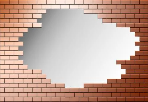 A copper colored brick wall has a hole in it allowing escape to another area, Stock Illustration