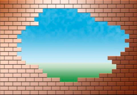 A copper colored brick wall has a hole in it allowing escape to another area, Stock Illustration
