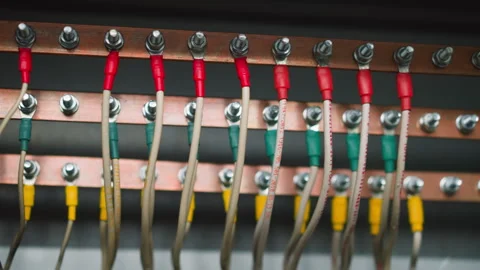 Copper earthing bars with connected electrical cables Stock-Footage 243302835