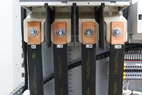 Copper electric busbars. Stock Photos
