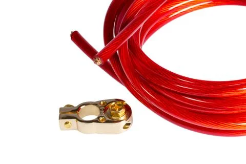 Copper electric power cable and positive contact terminal CAR battery Stock Photos