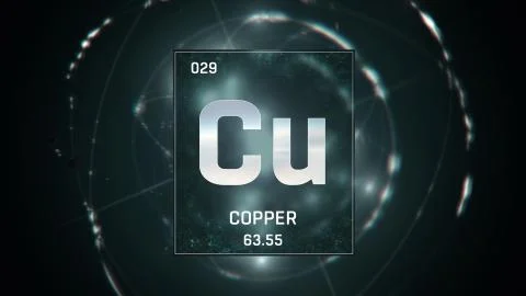 Copper as Element 29 of the Periodic Table 3D illustration on green background 스톡 일러스트