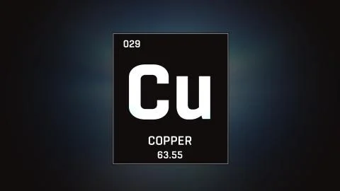 Copper as Element 29 of the Periodic Table 3D illustration on grey background 스톡 일러스트
