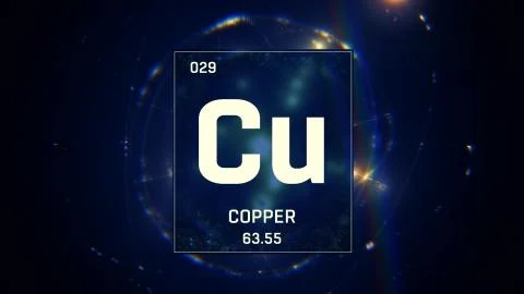 Copper as Element 29 of the Periodic Table 3D illustration on blue background 스톡 일러스트