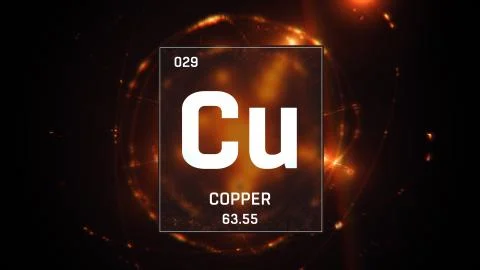 Copper as Element 29 of the Periodic Table 3D illustration on orange background Stock Illustration