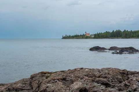 Copper Harbor Lighthouse viewed from across the water Stock Photos