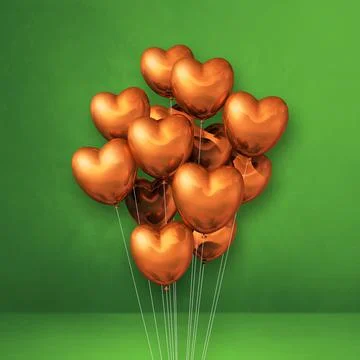 Copper heart shape balloons bunch on a green wall background Illustrazione stock
