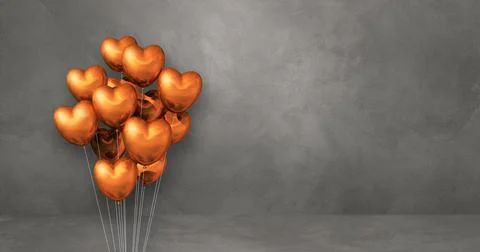 Copper heart shape balloons bunch on a grey wall background. Horizontal banne 스톡 일러스트
