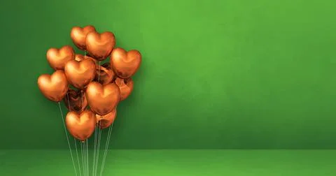 Copper heart shape balloons bunch on a green wall background. Horizontal bann Illustrazione stock