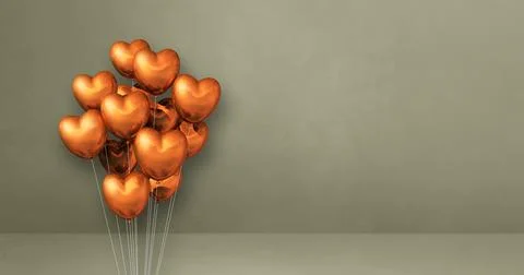 Copper heart shape balloons bunch on a grey wall background. Horizontal banne Illustrazione stock