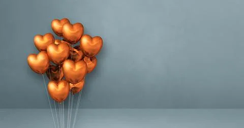Copper heart shape balloons bunch on a grey wall background. Horizontal banne Stock Illustration