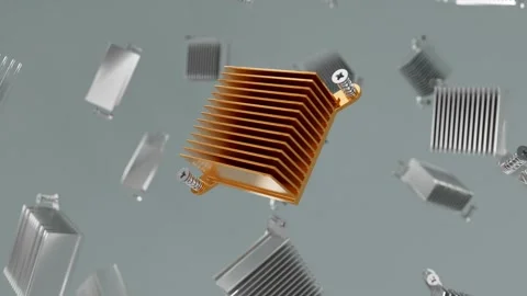 Copper Heatsink Floating Among Multiple Silver Heatsinks Scattered Stock Footage 334979532