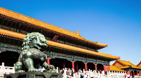 Copper lion Front of Forbidden City in Beijing, China Stock Footage 33761495