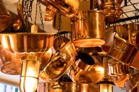 Copper pans Foto stock