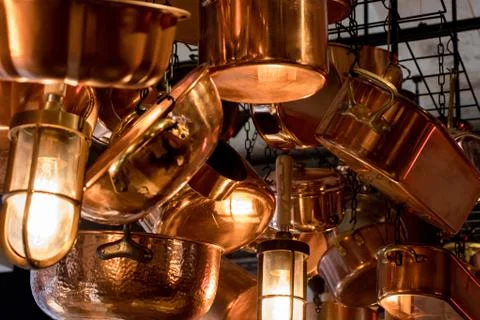 Copper pans Foto stock