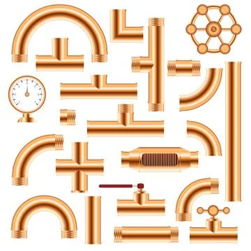 Copper pipe fittings set vector illustration isolated on white background Stock Illustration