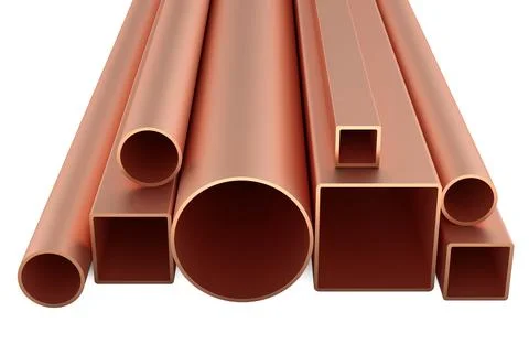 Copper pipes and profiles, round and square sections. 3D rendering Stock Illustration