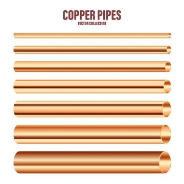Copper pipes collection. Construction material. Polished metal texture. Glossy Illustrazione stock