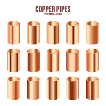 Copper pipes collection. Construction material. Polished metal texture. Glossy Illustrazione stock