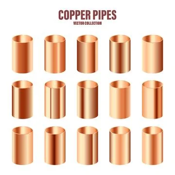 Copper pipes collection. Construction material. Polished metal texture. Glossy Stock Illustration