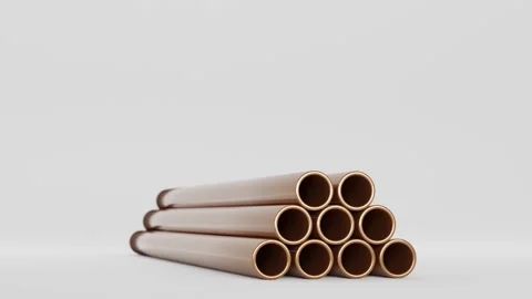 Copper pipes stack isolated on white background, hollow cylinder steel metal or Stock Footage 154103895