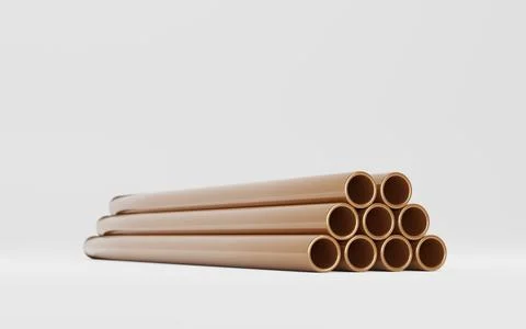 Copper pipes stack on isolated white background, hollow cylinder steel metal or Foto stock
