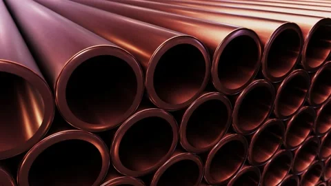 Copper pipes stacked at warehouse looping 3D animation Video stock 219832698