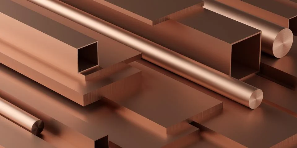 Copper profiles stack or heap frame filling background, metal manufactoring o 스톡 일러스트