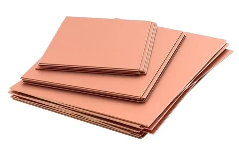 Copper sheets stack, raw industrial material. 3D rendering Illustrazione stock