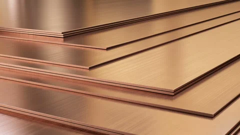 Copper sheets. Warehouse of rolled metal product, close-up. Video stock 321560873