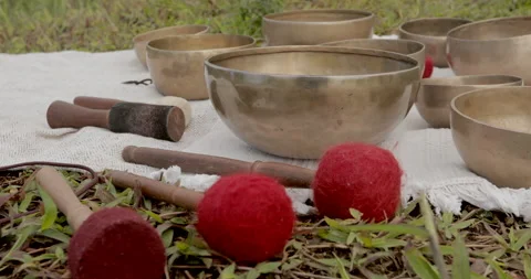 Copper singing bowls in the foreground, grass in the background. Stock Footage 140307674