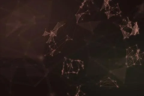 Copper-toned wireframe clusters float across a shadowy brown-black backgrou.. Illustrazione stock
