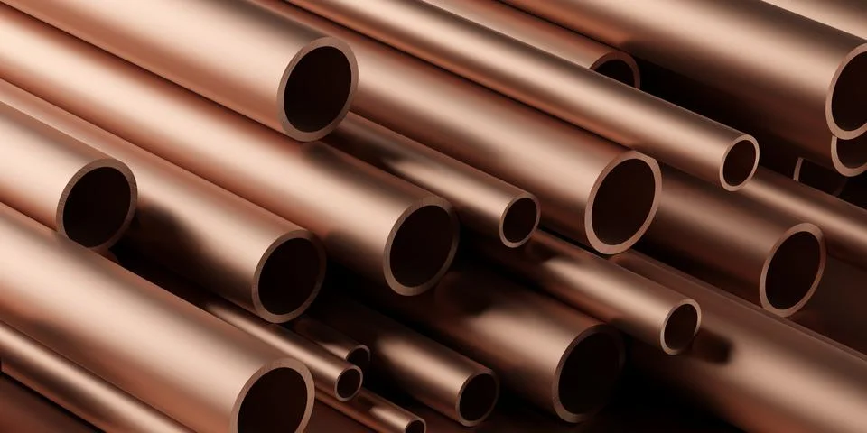 Copper tube profiles stack or heap frame filling background, metal manufactor 库存插图