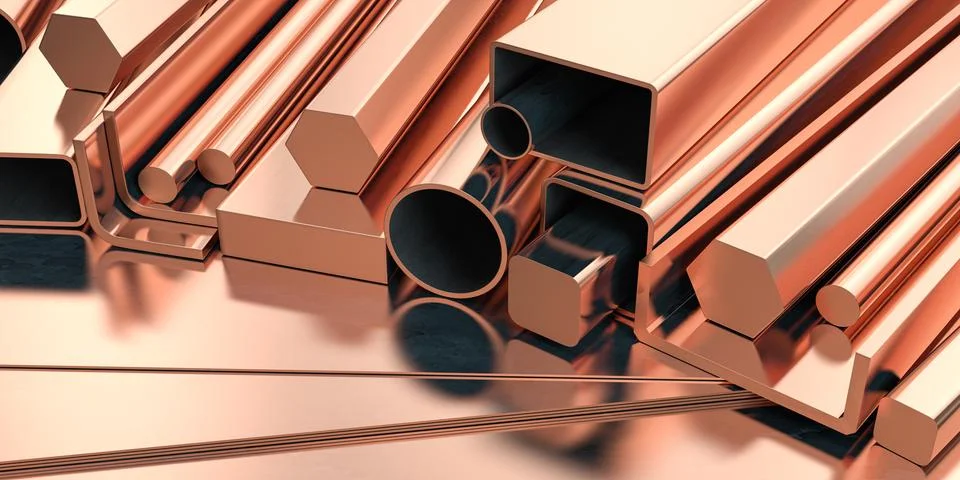 Copper tubes and different profiles in warehouse background. Different copper Stock Illustration