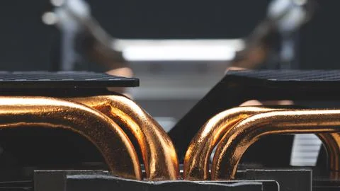 Copper tubes for computer processor cooling, close-up Foto stock