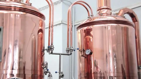Copper tuns for brewing at a brewery Stock Footage 8638661